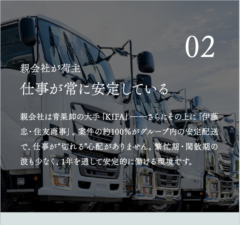 仕事が常に安定している 親会社は青果卸の大手「KIFA」──さらにその上に「伊藤忠・住友商事」。案件の約100％がグループ内の安定配送で、仕事が“切れる”心配がありません。繁忙期・閑散期の波も少なく、1年を通して安定的に働ける環境です。